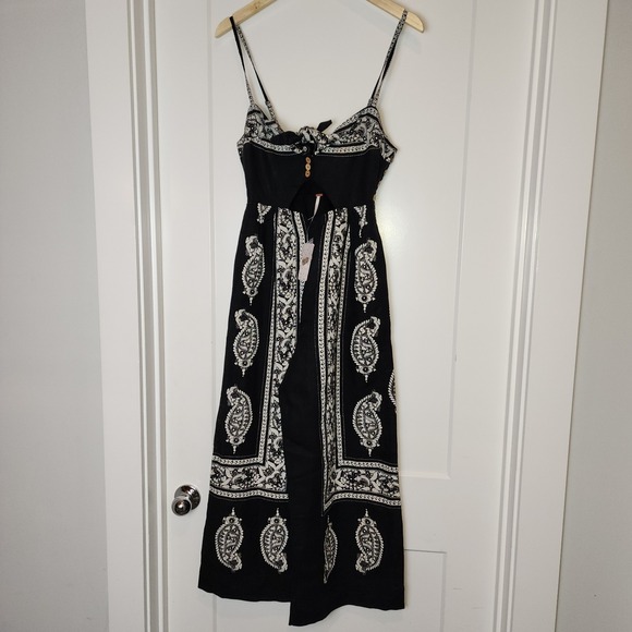 NWT Free People Feel The Sun Linen Black Paisley Jumpsuit 0 Cutout Beachy Boho - Picture 2 of 12